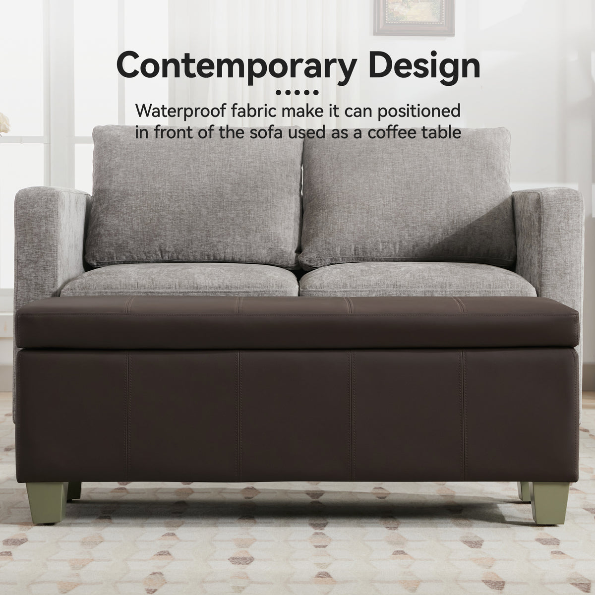 Faux Leather Storage Ottoman Bench, Rectangle Upholstered Storage Bench with Wooden Legs, Stitch Tufted Bench with Storage for Bedroom, Living Room, Entryway