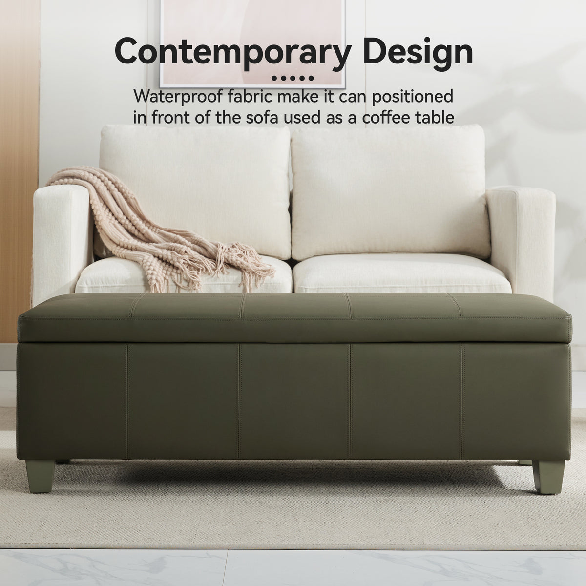 Faux Leather Storage Ottoman Bench, Rectangle Upholstered Storage Bench with Wooden Legs, Stitch Tufted Bench with Storage for Bedroom, Living Room, Entryway
