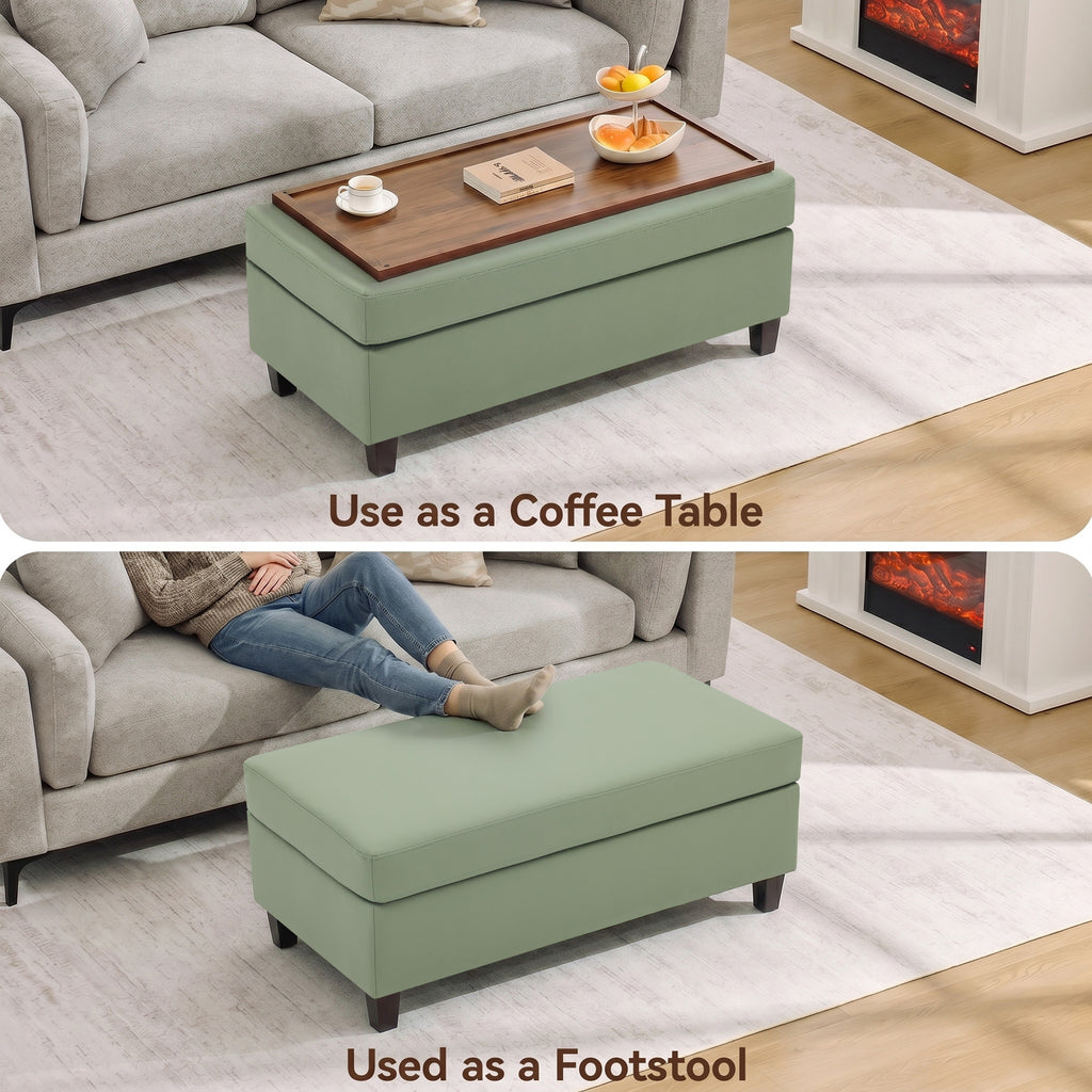 HASLE Storage Ottoman Bench with Wooden Tray, Upholstered Ottoman Coffee Table with Hidden Storage for Living Room Bedroom