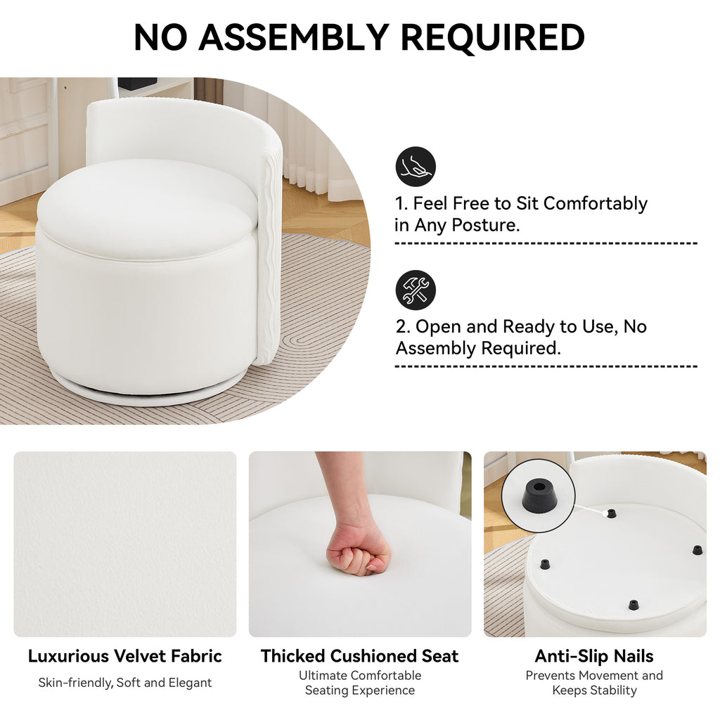 Velvet Swivel Accent Chair with Storage, 360° Vanity Makeup Chair with Wave Back, No Assembly Comfy Single Sofa Chair, Small Accent Stool for Bedroom, Dressing, Living Room