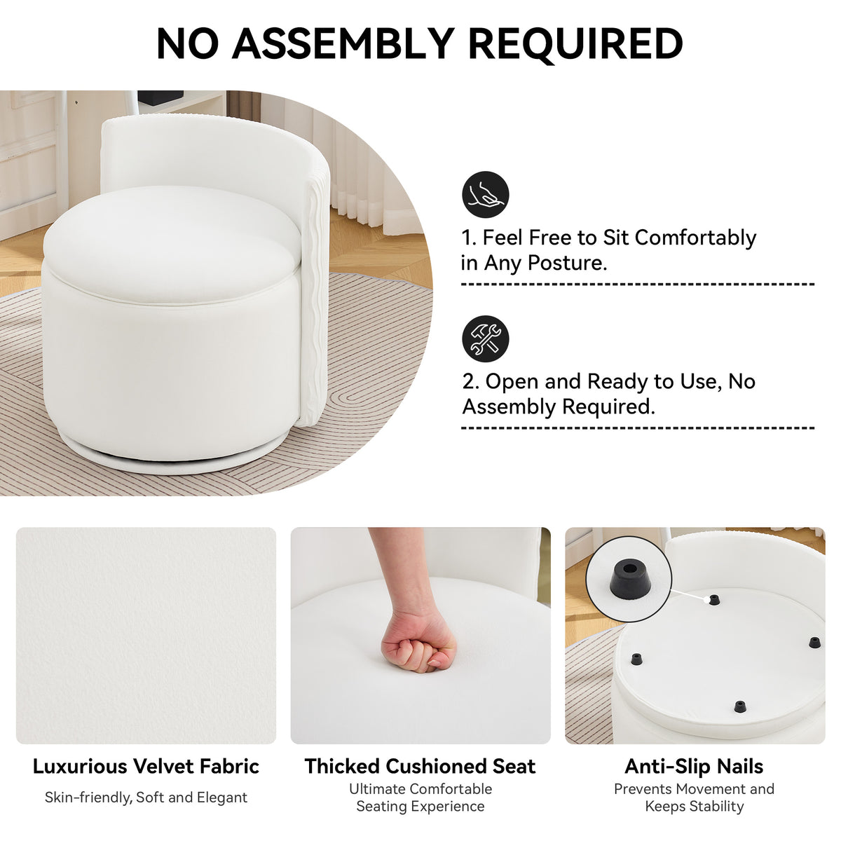 Velvet Swivel Accent Chair with Storage, 360° Vanity Makeup Chair with Wave Back, No Assembly Comfy Single Sofa Chair, Small Accent Stool for Bedroom, Dressing, Living Room