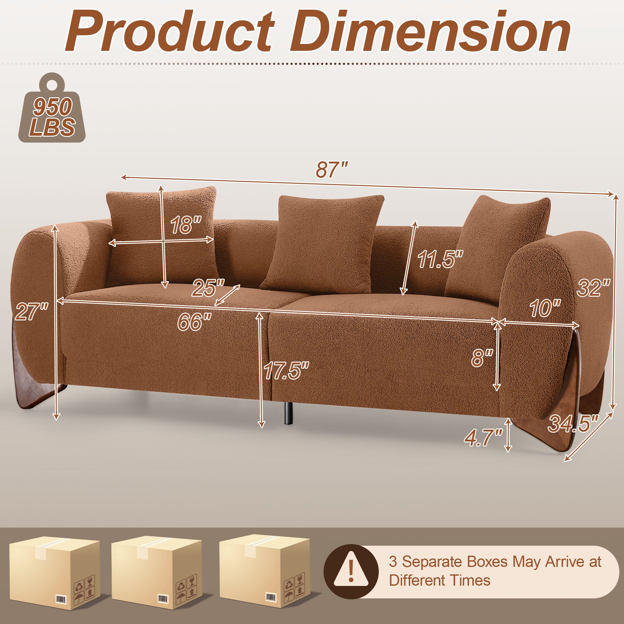 87" Boucle Couch with Solid Wood Legs,Camel