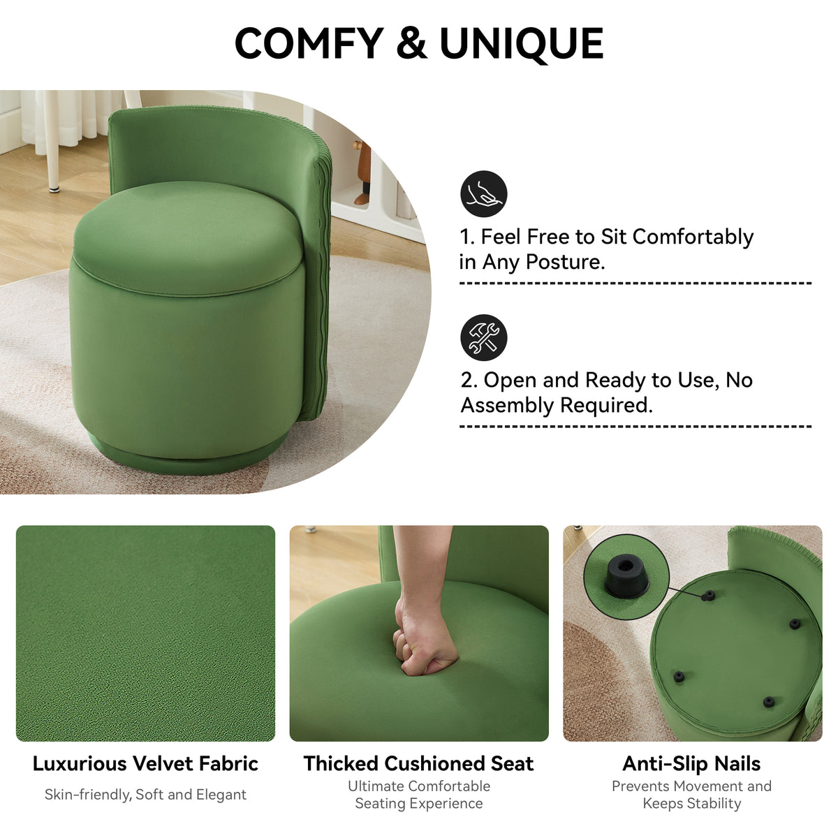 Velvet Swivel Accent Chair with Storage, 360° Vanity Makeup Chair with Wave Back, No Assembly Comfy Single Sofa Chair, Small Accent Stool for Bedroom, Dressing, Living Room