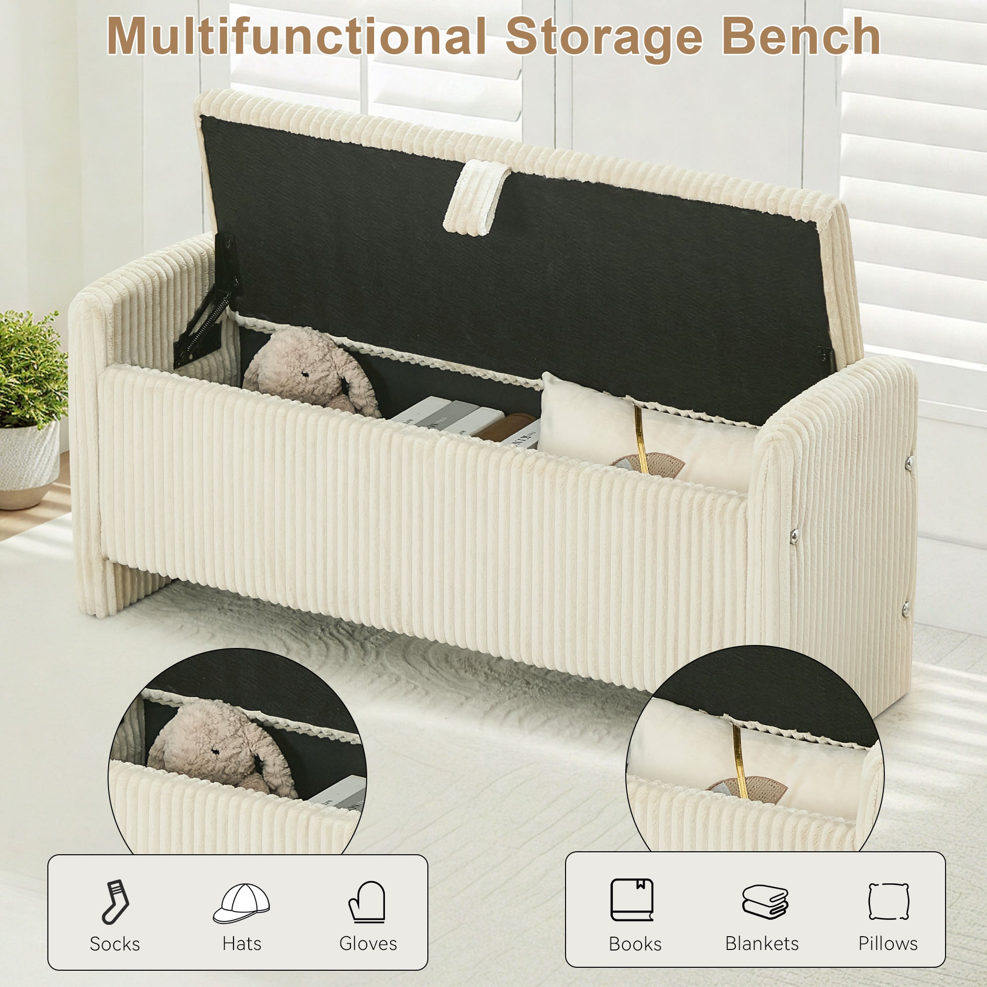 44'' Corduroy Storage Ottoman Bench, Beige