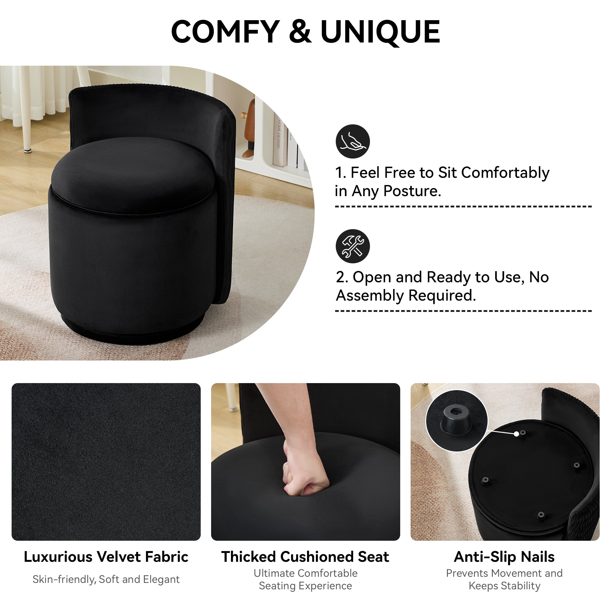 Vanity Chair with Storage，Velvet, Black
