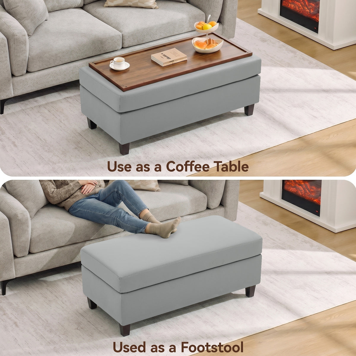 HASLE Storage Ottoman Bench with Wooden Tray, Upholstered Ottoman Coffee Table with Hidden Storage for Living Room Bedroom
