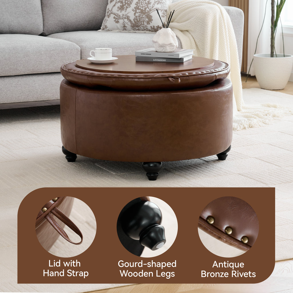 HASLE 30Inch Round Storage Ottoman with Tray, Modern Tufted Leather Circle Coffee Table with Storage, Upholstered Ottoman with Removable Top for Living Room, Bedroom, Leather Coffee