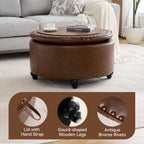 HASLE 30Inch Round Storage Ottoman with Tray, Modern Tufted Leather Circle Coffee Table with Storage, Upholstered Ottoman with Removable Top for Living Room, Bedroom, Leather Coffee