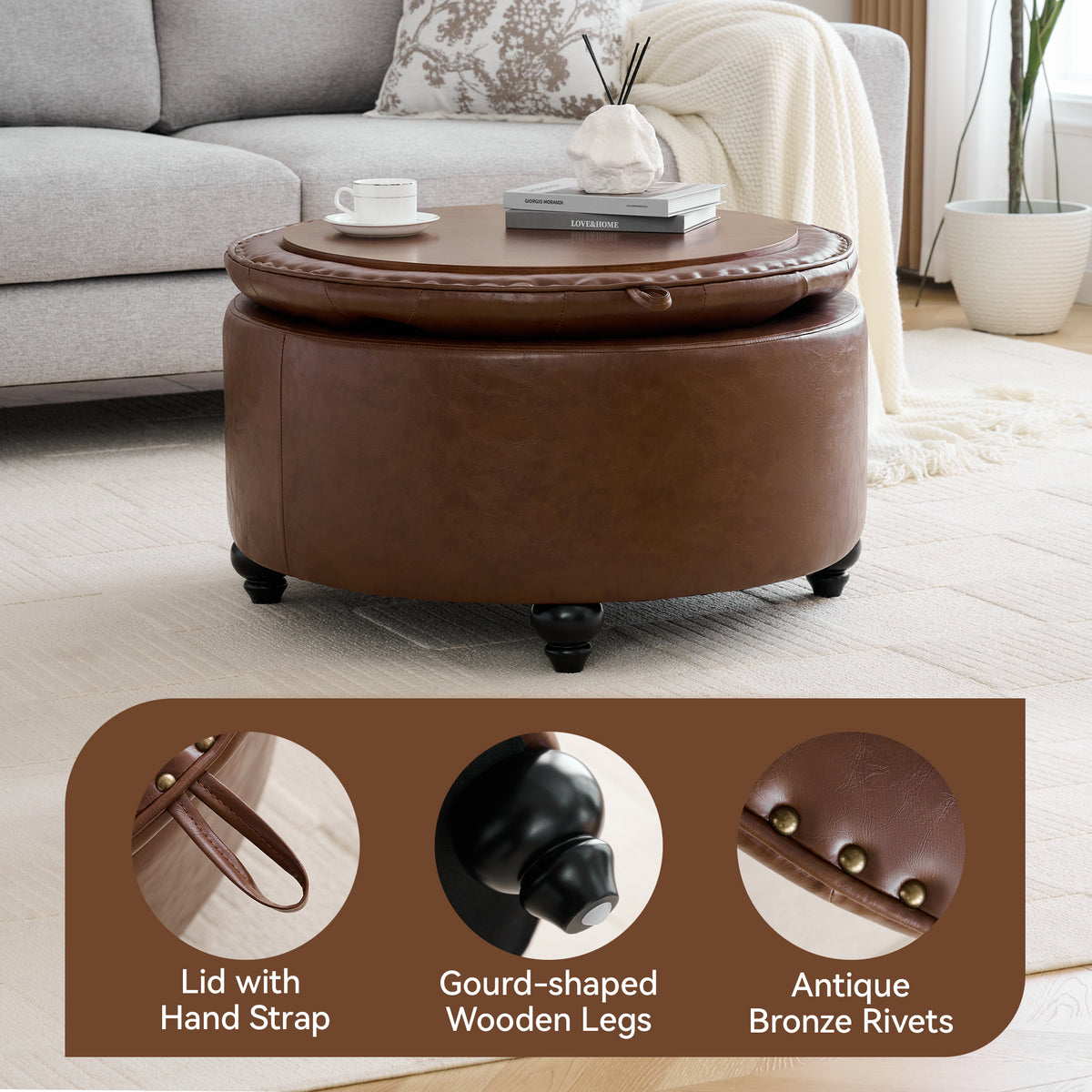 HASLE 30Inch Round Storage Ottoman with Tray, Modern Tufted Leather Circle Coffee Table with Storage, Upholstered Ottoman with Removable Top for Living Room, Bedroom, Leather Coffee