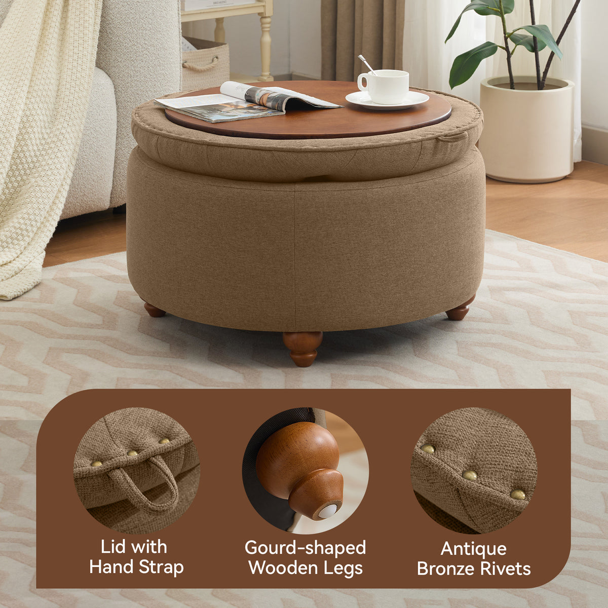 30'' Round Ottoman with Storage, Modern Tufted Fabric Storage Ottoman with Removable Wooden Top for Living Room, Bedroom, Brown