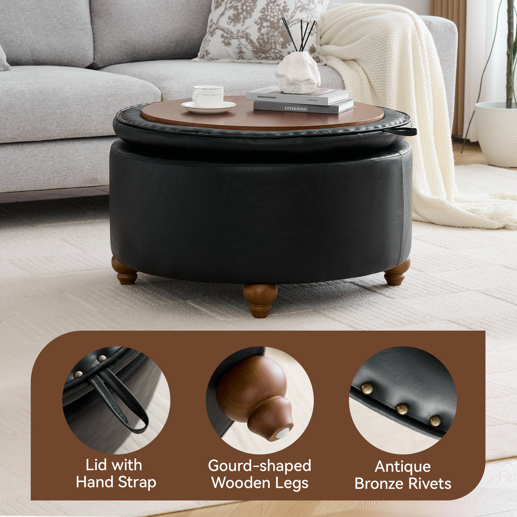 HASLE 30Inch Round Storage Ottoman with Tray, Modern Tufted Leather Circle Coffee Table with Storage, Upholstered Ottoman with Removable Top for Living Room, Bedroom, Leather Black