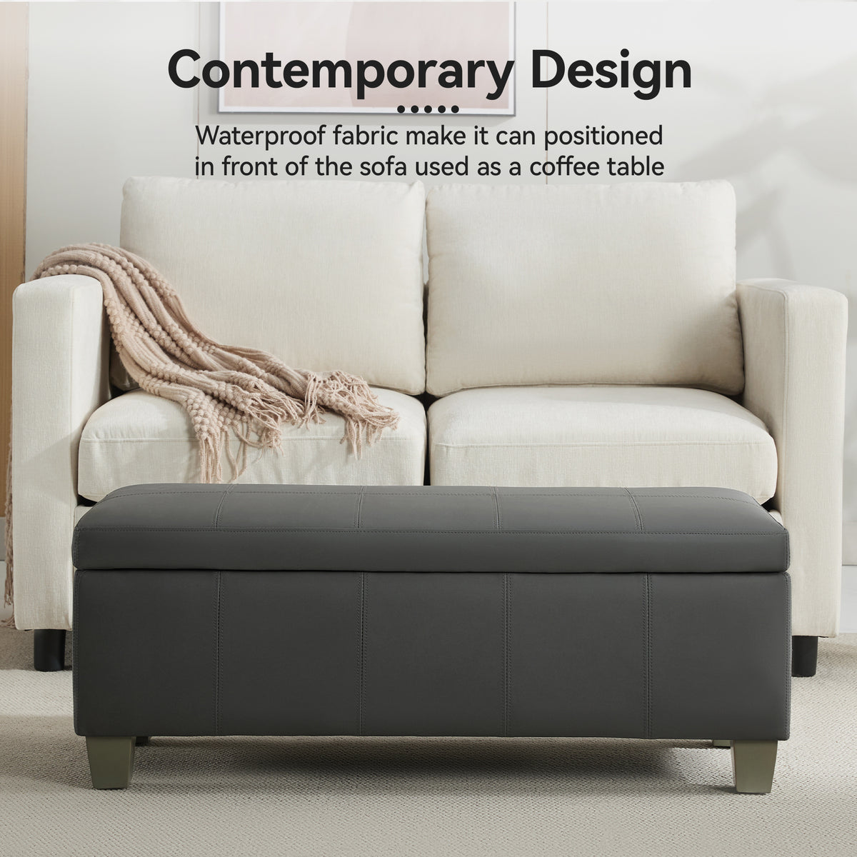 Faux Leather Storage Ottoman Bench, Rectangle Upholstered Storage Bench with Wooden Legs, Stitch Tufted Bench with Storage for Bedroom, Living Room, Entryway