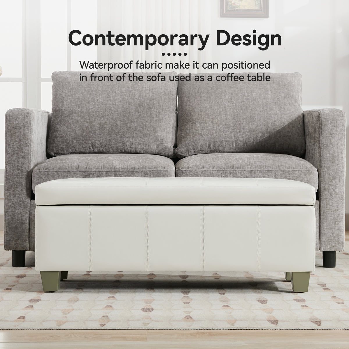 Faux Leather Storage Ottoman Bench, Rectangle Upholstered Storage Bench with Wooden Legs, Stitch Tufted Bench with Storage for Bedroom, Living Room, Entryway