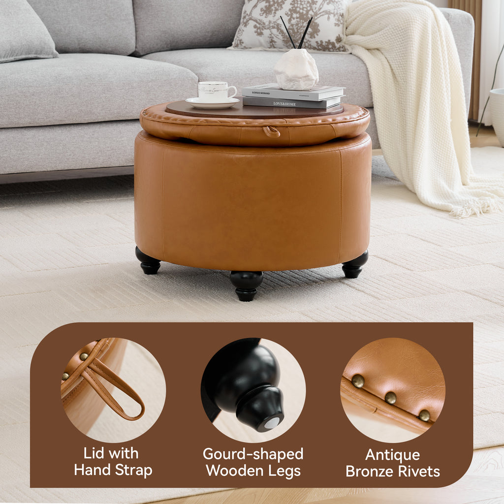 HASLE 24Inch Round Storage Ottoman with Tray, Modern Tufted Leather Circle Coffee Table with Storage, Upholstered Ottoman with Removable Top for Living Room, Bedroom, Leather Brown