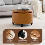 HASLE 24Inch Round Storage Ottoman with Tray, Modern Tufted Leather Circle Coffee Table with Storage, Upholstered Ottoman with Removable Top for Living Room, Bedroom, Leather Brown