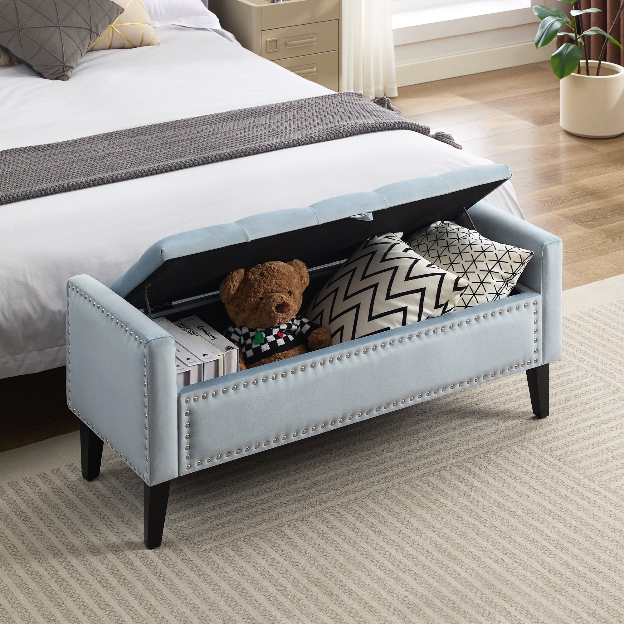 47" Velvet Storage Bench，Blue Grey