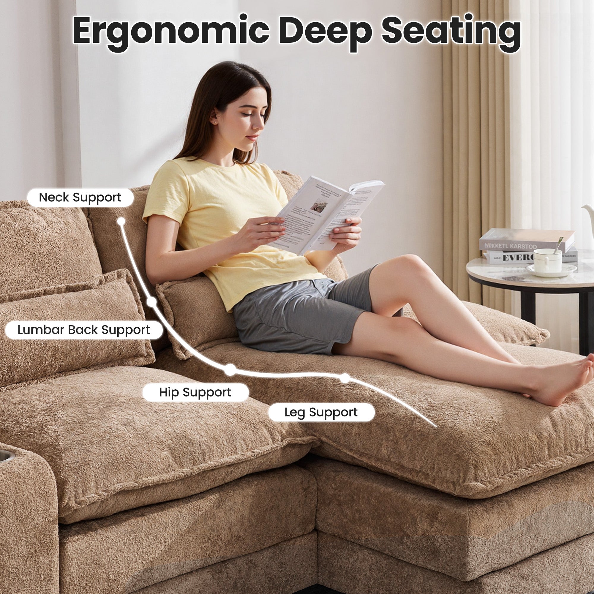 U Shaped Cloud Modular Sofa with Chaise Lounges，Camel