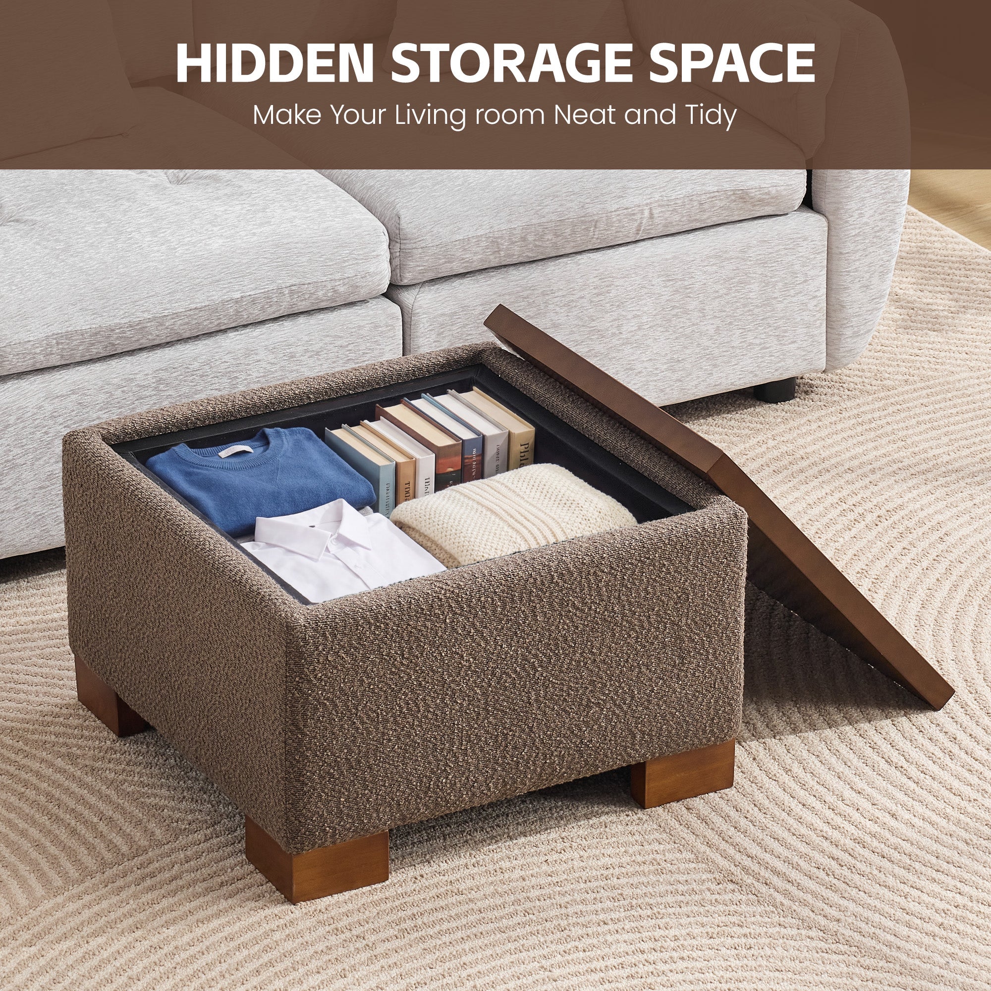 24" Square Storage Ottoman，Brown