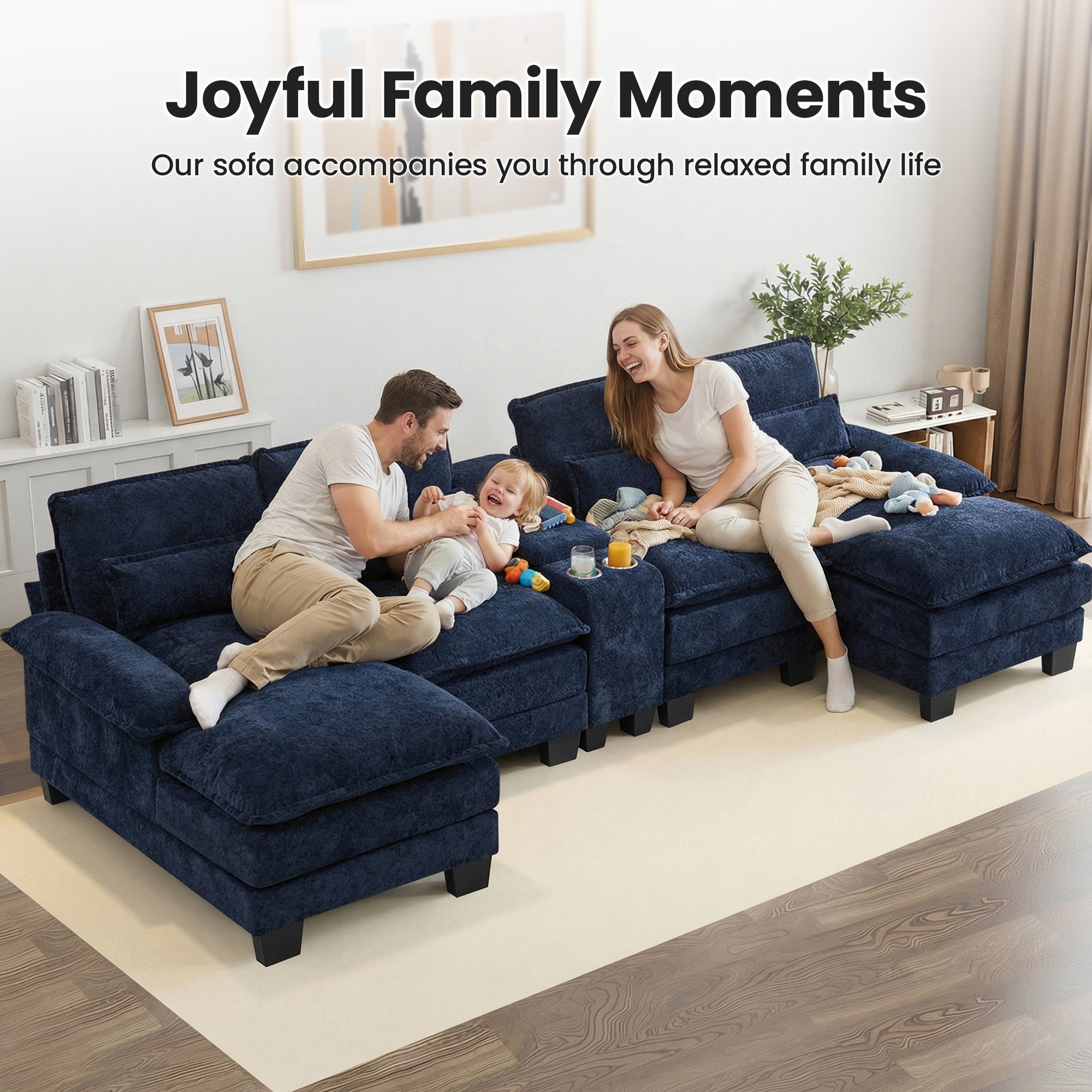 U Shaped Cloud Modular Sofa with Chaise Lounges，Navy