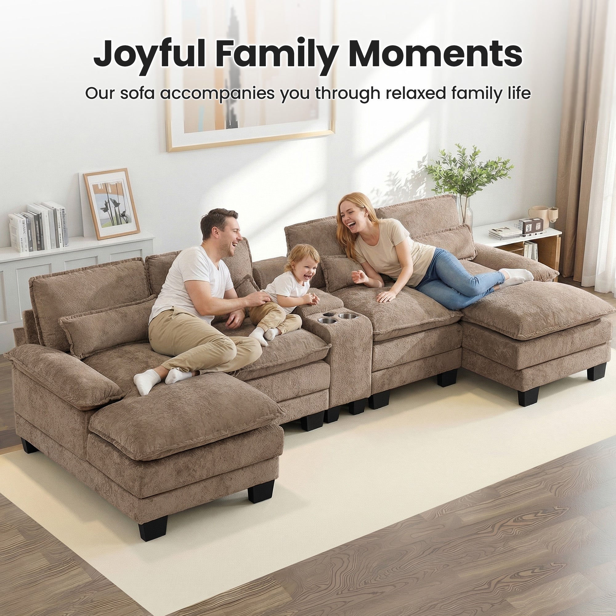 U Shaped Cloud Modular Sofa with Chaise Lounges，Camel