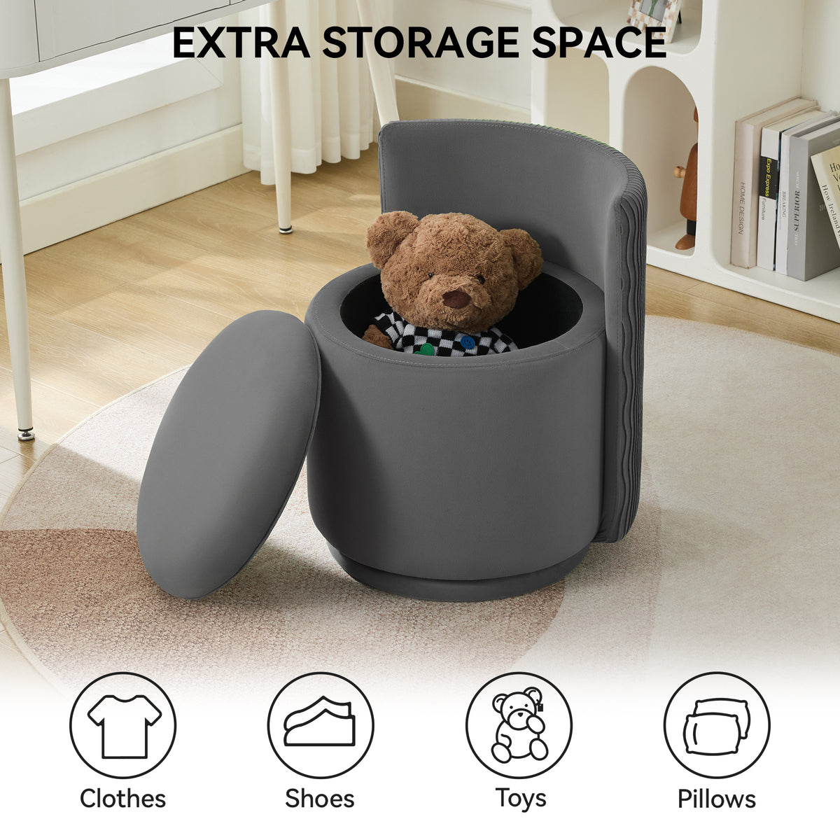 Velvet Swivel Accent Chair with Storage, 360° Vanity Makeup Chair with Wave Back, No Assembly Comfy Single Sofa Chair, Small Accent Stool for Bedroom, Dressing, Living Room