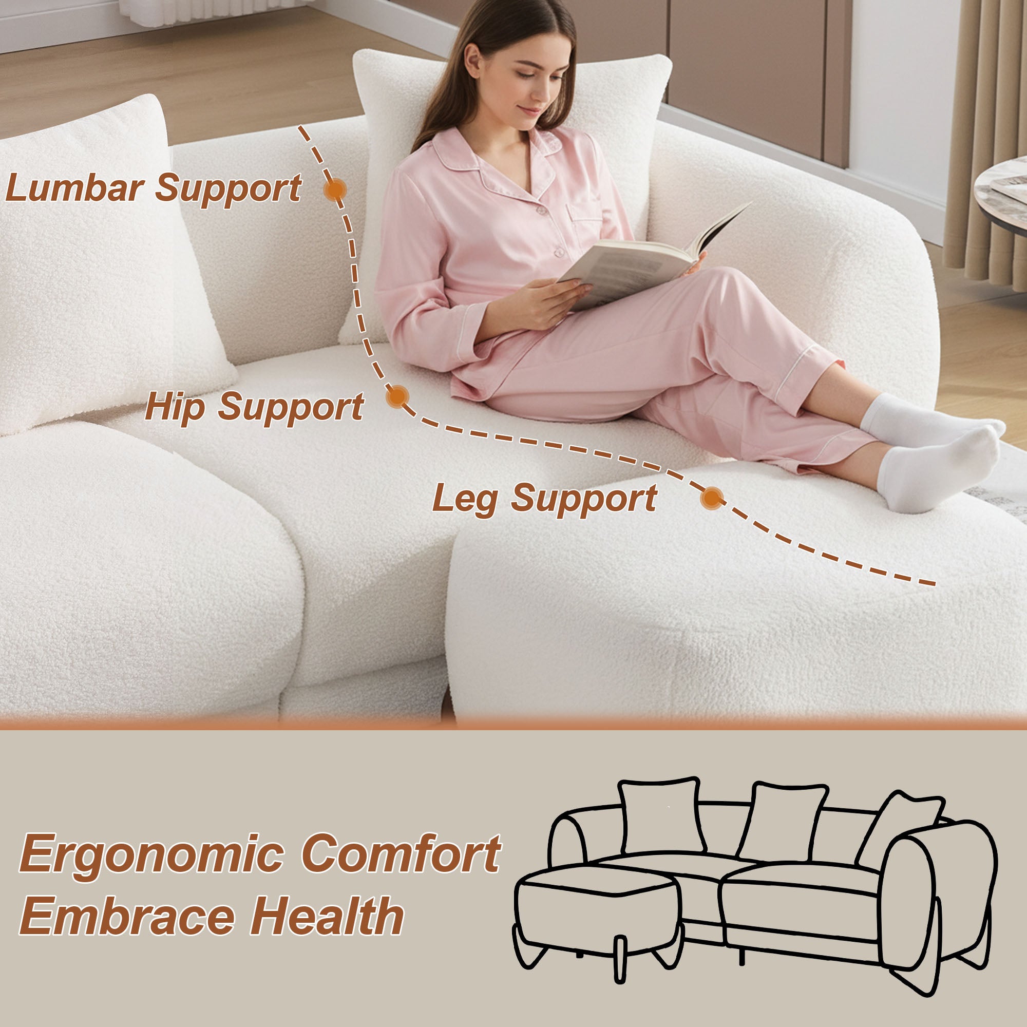 87" Sherpa Boucle Cloud Couch with Ottoman，Beige