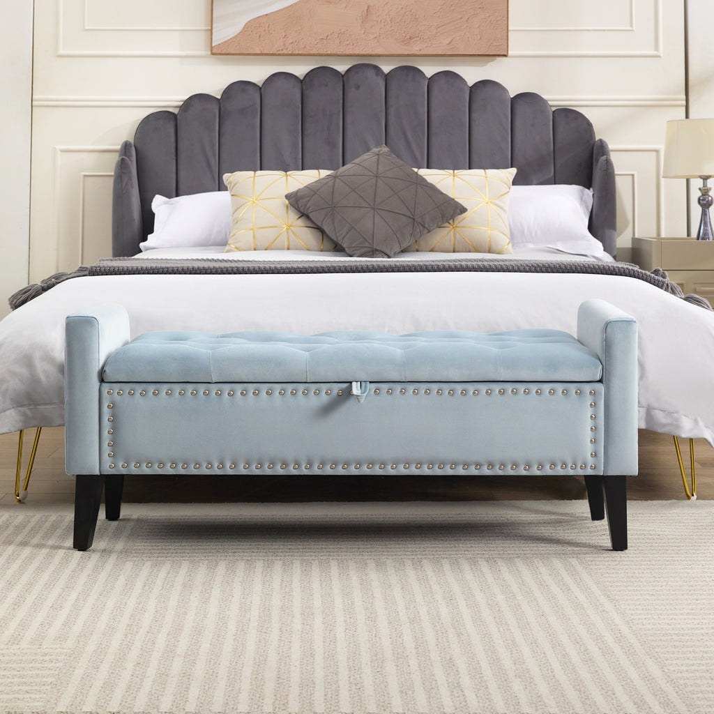 47" Velvet Storage Bench，Blue Grey
