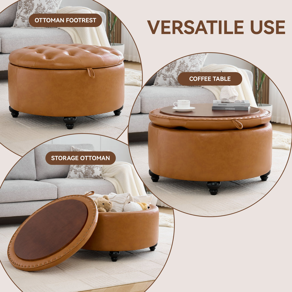 HASLE 30Inch Round Storage Ottoman with Tray, Modern Tufted Leather Circle Coffee Table with Storage, Upholstered Ottoman with Removable Top for Living Room, Bedroom, Leather Brown