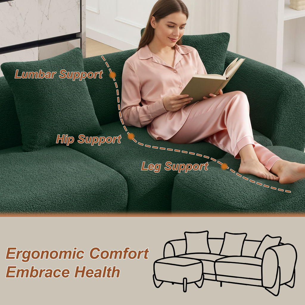 87" Sherpa Boucle Cloud Couch with Ottoman，Green