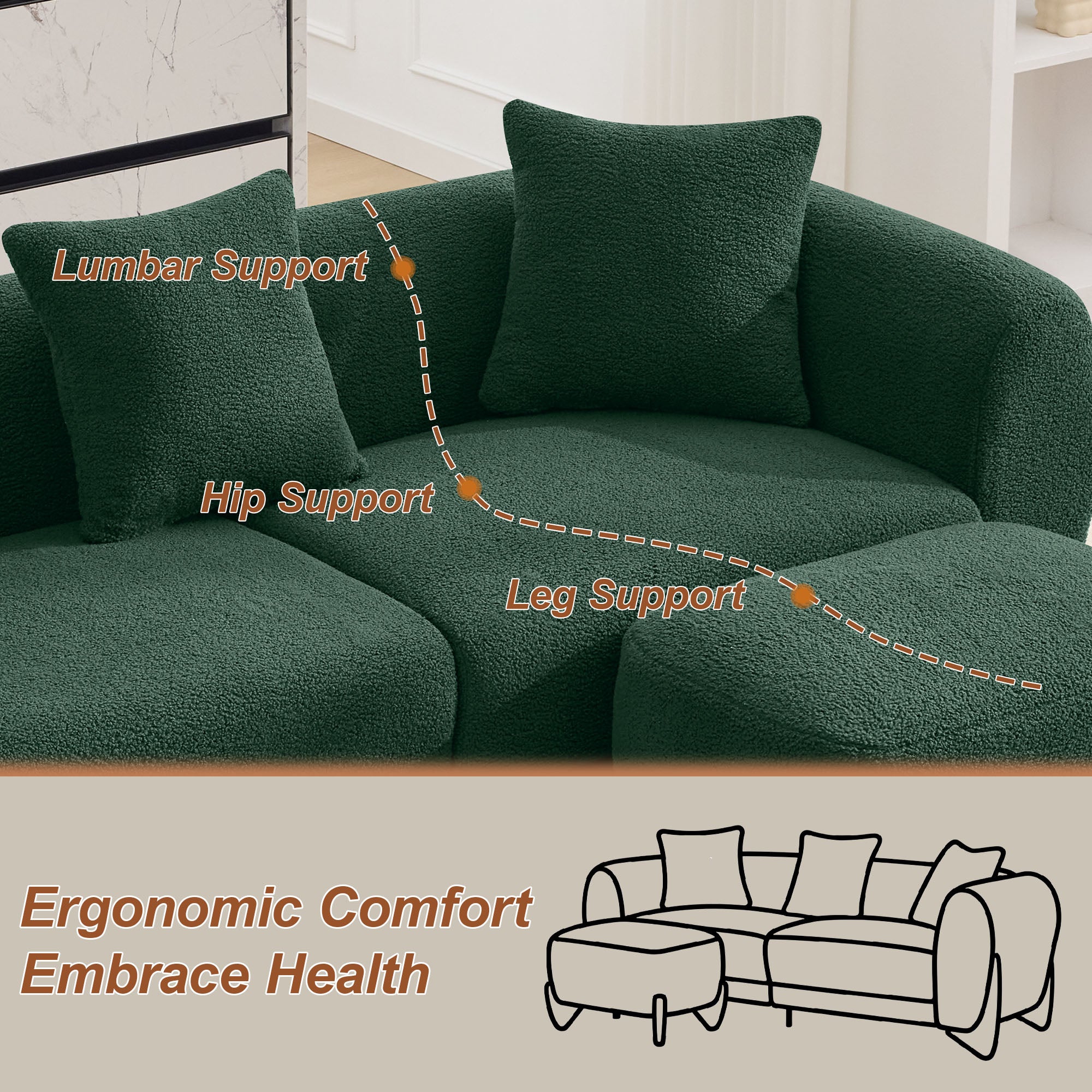 87" Sherpa Boucle Cloud Couch with Ottoman，Green