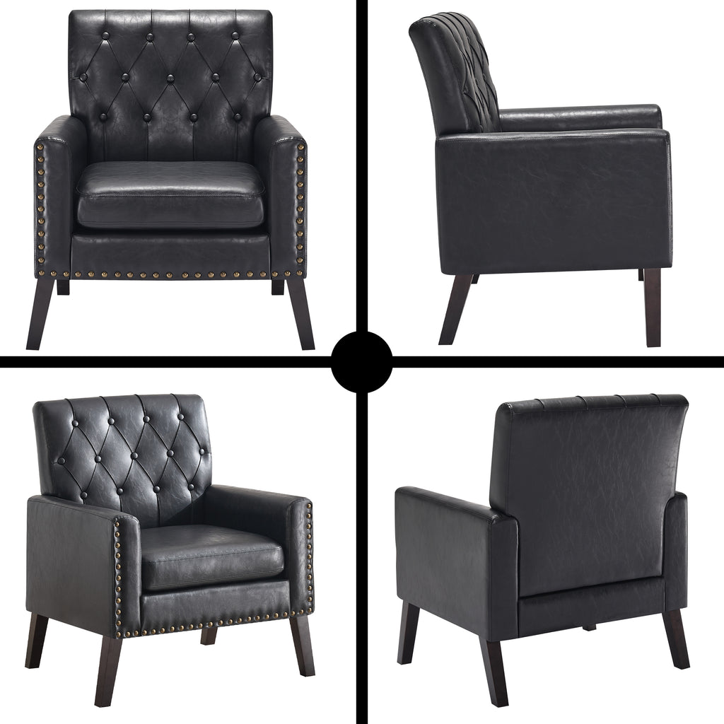 Mid Century Modern Accent Chair, Black Faux Leather Club Chair for Living Room, Bedroom, Office, or Reception Room