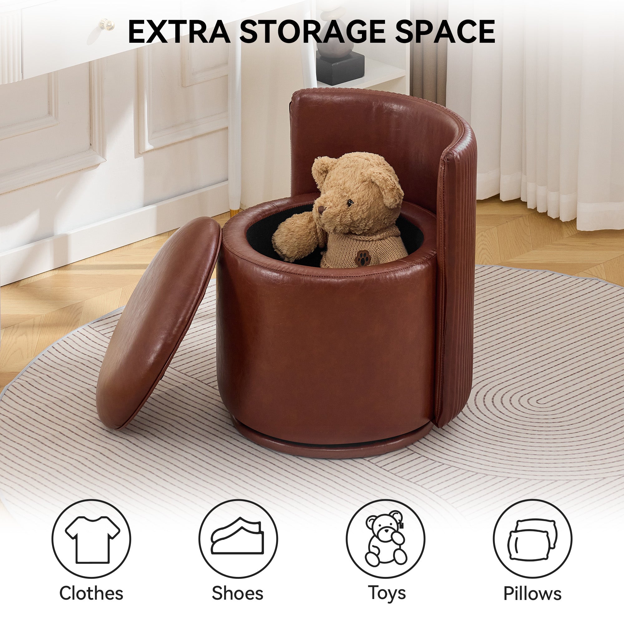 Vanity Chair with Storage，Leather, Red