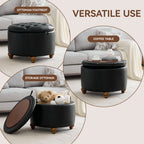 HASLE 24Inch Round Storage Ottoman with Tray, Modern Tufted Leather Circle Coffee Table with Storage, Upholstered Ottoman with Removable Top for Living Room, Bedroom, Leather Black