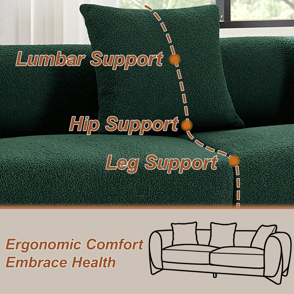 87" Boucle Couch with Solid Wood Legs, Green