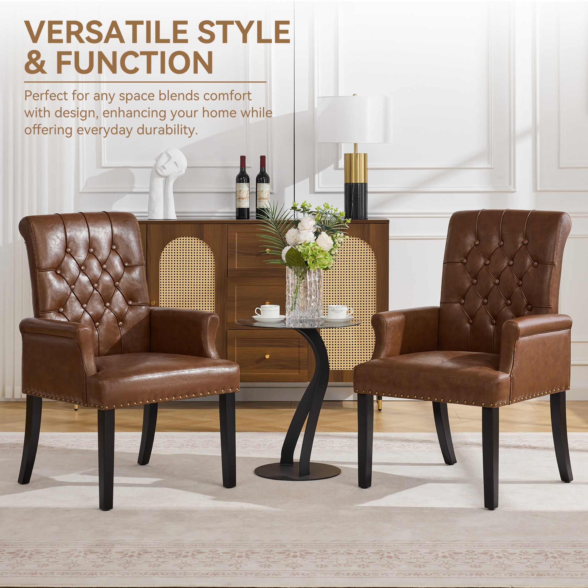 PU Leather Dining Chair with Arms, Brown