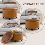 HASLE 24Inch Round Storage Ottoman with Tray, Modern Tufted Leather Circle Coffee Table with Storage, Upholstered Ottoman with Removable Top for Living Room, Bedroom, Leather Brown
