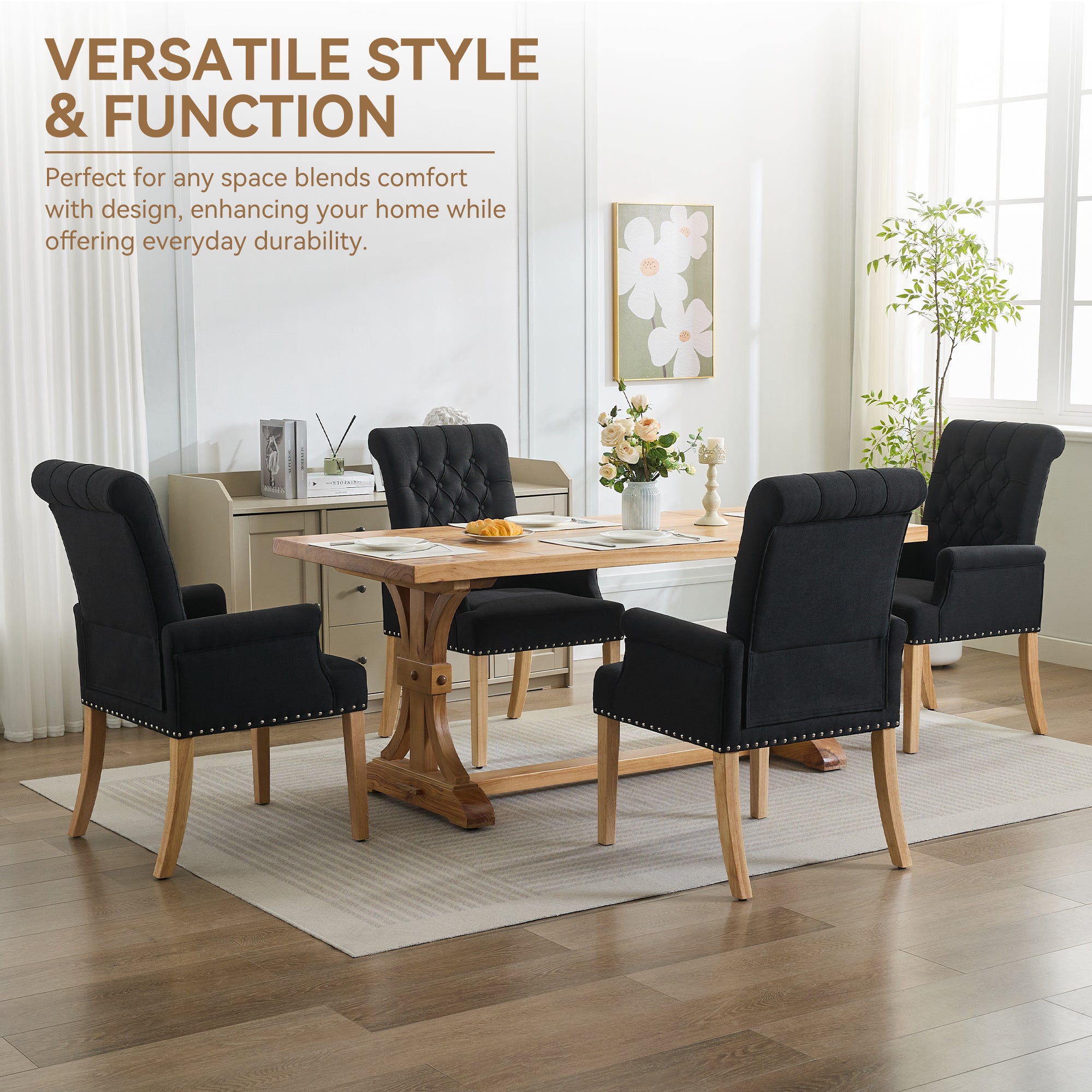 Fabric Dining Chair with Arms，Black