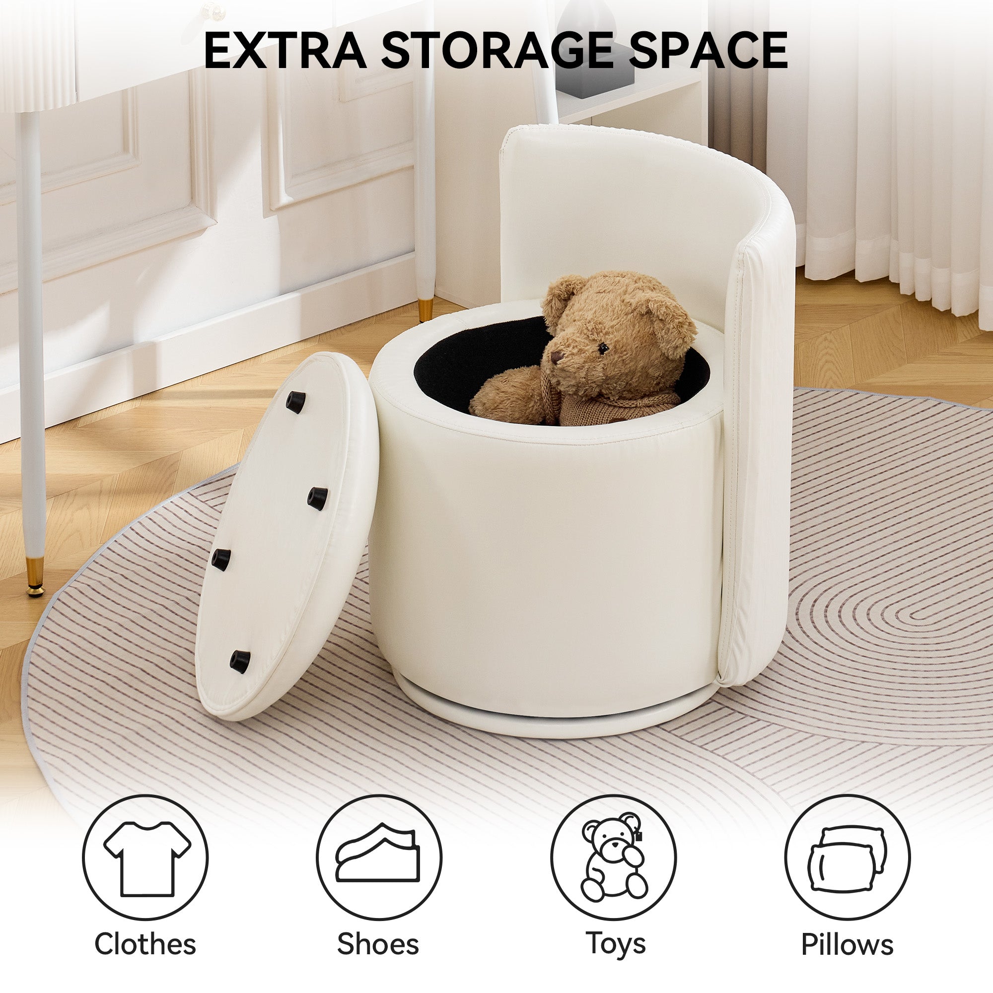 Vanity Chair with Storage，Leather, Beige