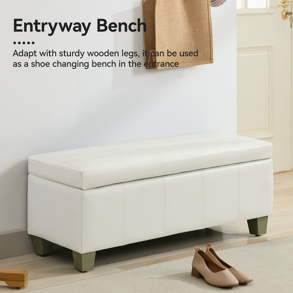 Faux Leather Storage Ottoman Bench, Rectangle Upholstered Storage Bench with Wooden Legs, Stitch Tufted Bench with Storage for Bedroom, Living Room, Entryway