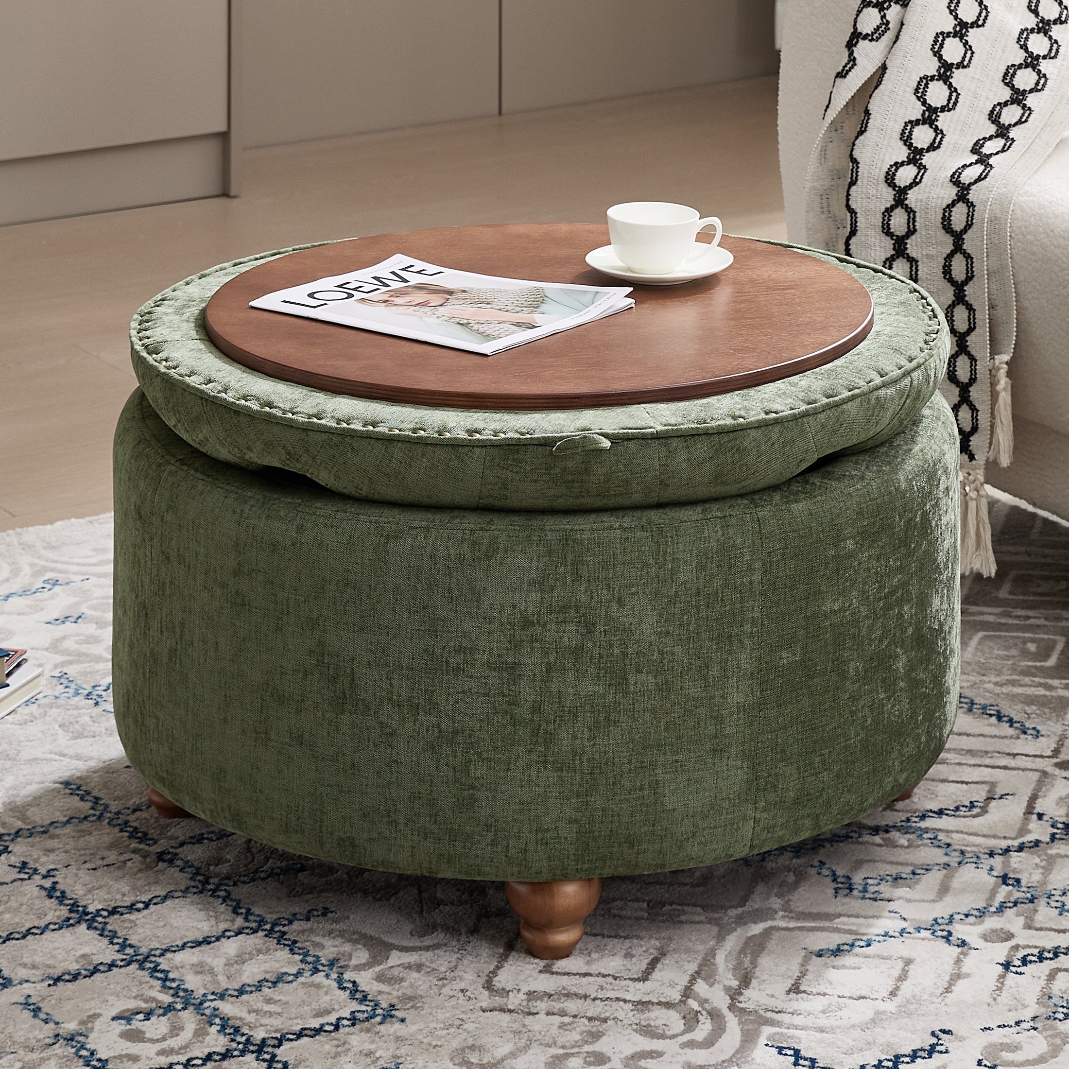 Round Storage Ottoman，Green