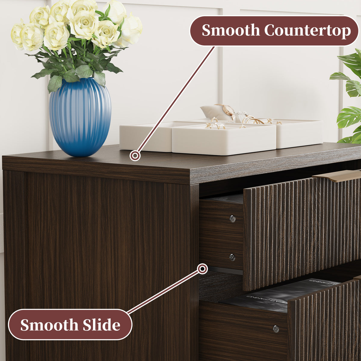 Fluted Nightstand with 3 Drawers, Mid-Century Modern Bedside Table, 23.7'' Wide Wood End Table for Bedroom, Walnut Finish