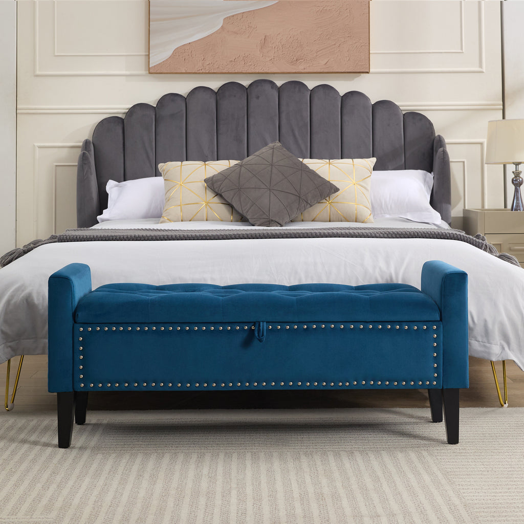 47" Velvet Storage Bench，Blue