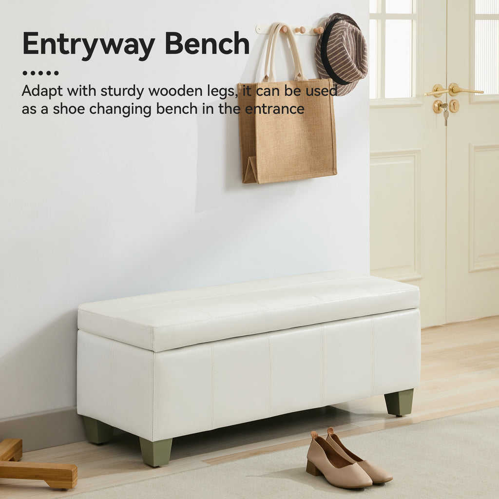 Faux Leather Storage Ottoman Bench, Rectangle Upholstered Storage Bench with Wooden Legs, Stitch Tufted Bench with Storage for Bedroom, Living Room, Entryway