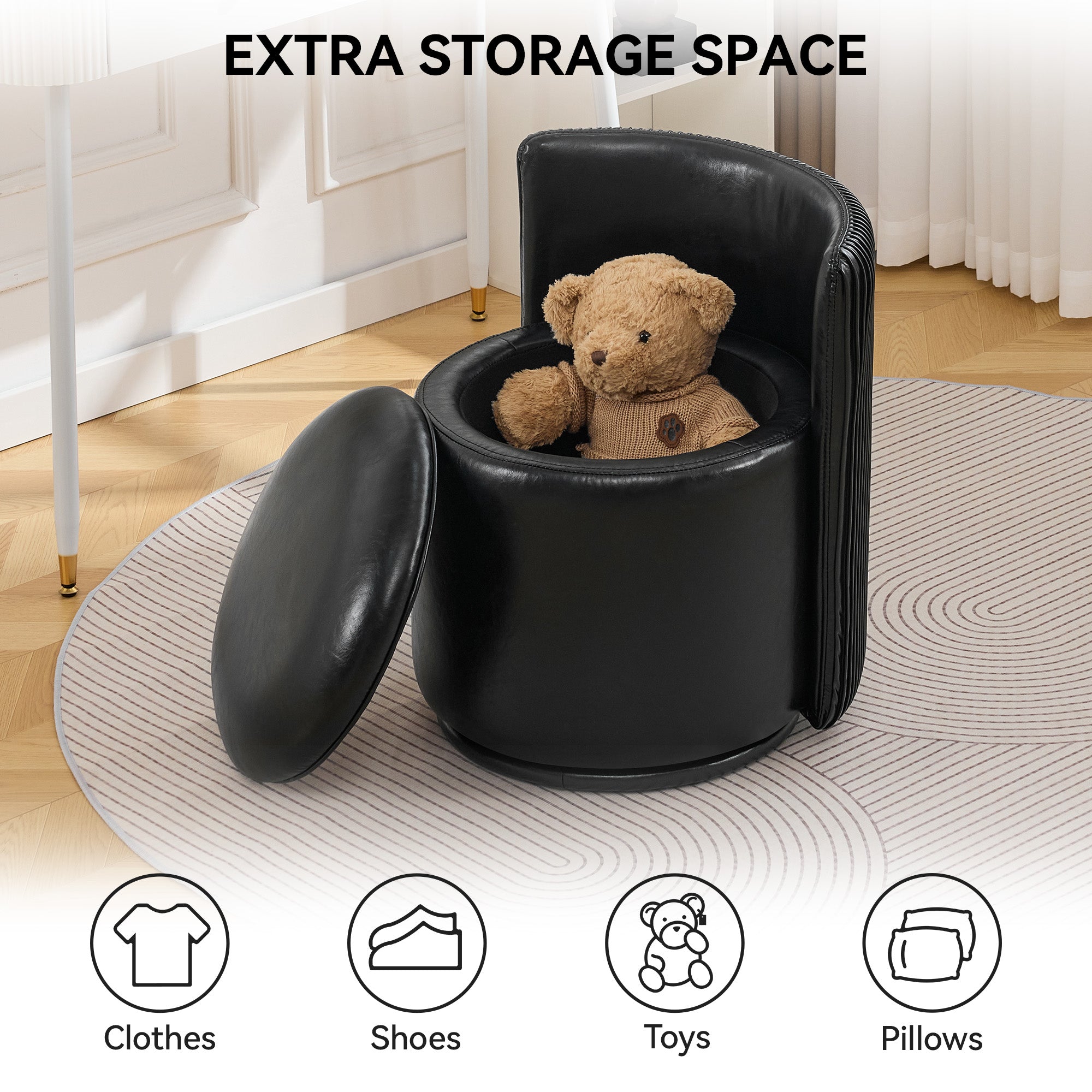 Vanity Chair with Storage，Leather, Black