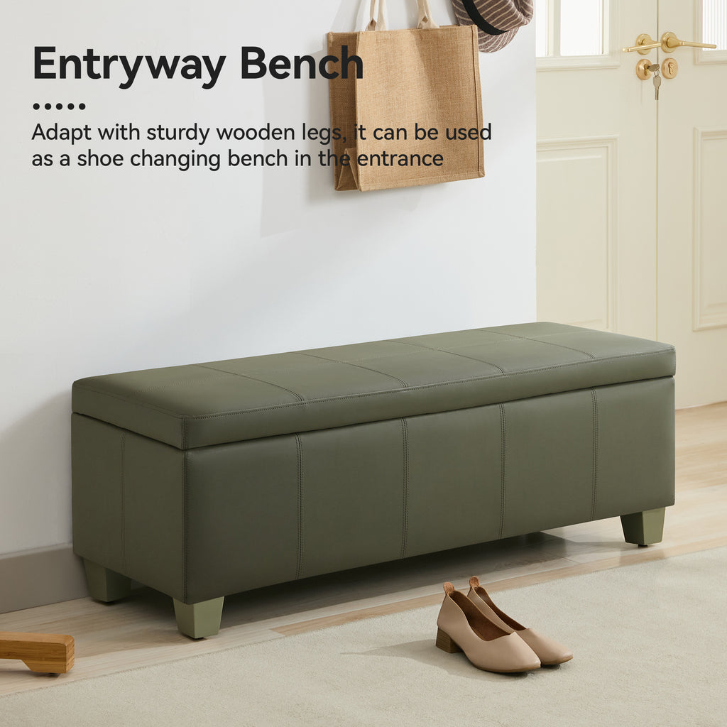 Faux Leather Storage Ottoman Bench, Rectangle Upholstered Storage Bench with Wooden Legs, Stitch Tufted Bench with Storage for Bedroom, Living Room, Entryway