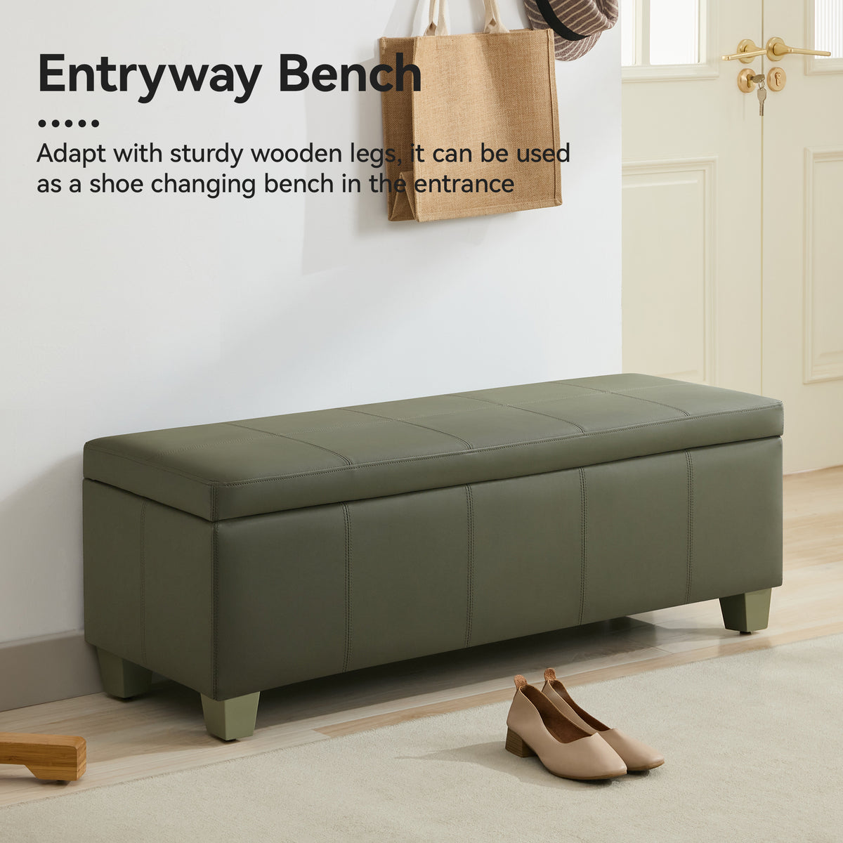 Faux Leather Storage Ottoman Bench, Rectangle Upholstered Storage Bench with Wooden Legs, Stitch Tufted Bench with Storage for Bedroom, Living Room, Entryway