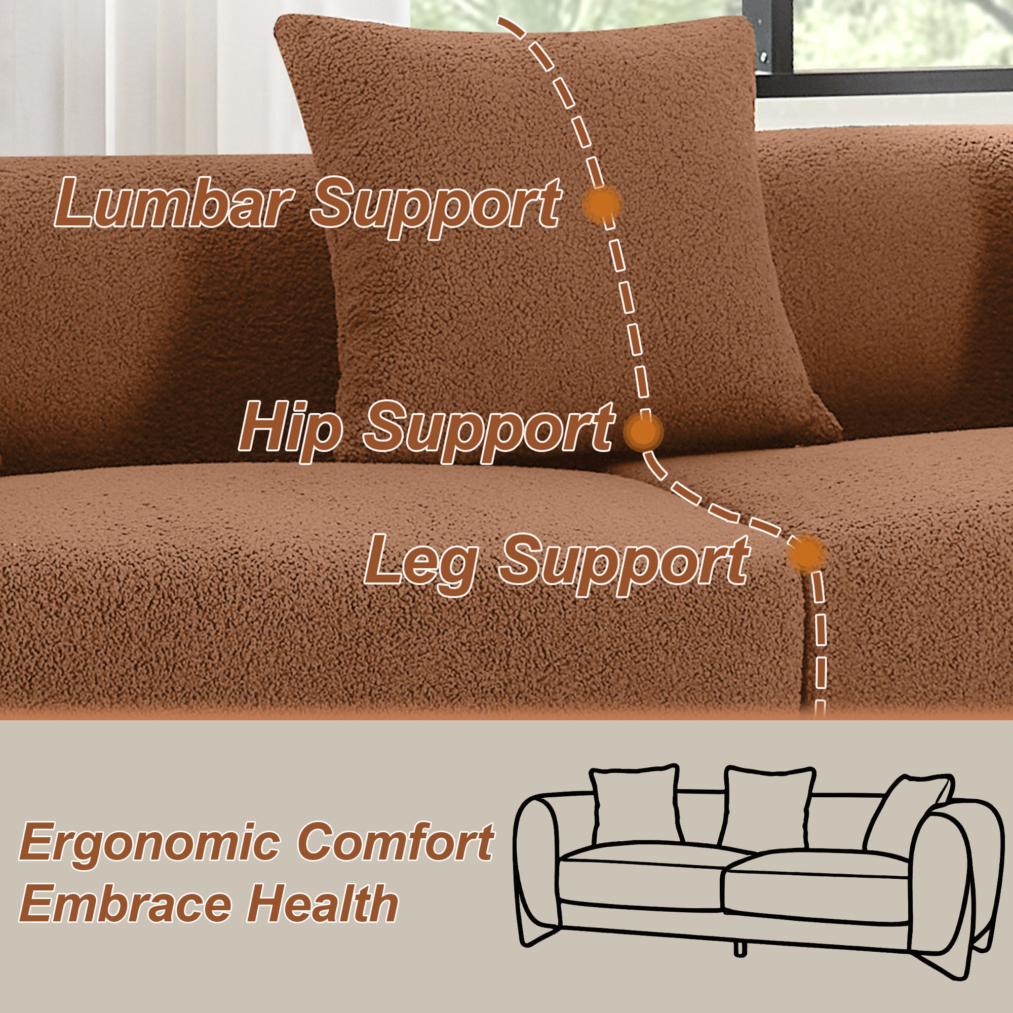 87" Boucle Couch with Solid Wood Legs,Camel