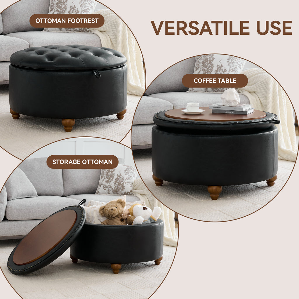 HASLE 30Inch Round Storage Ottoman with Tray, Modern Tufted Leather Circle Coffee Table with Storage, Upholstered Ottoman with Removable Top for Living Room, Bedroom, Leather Black