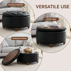 HASLE 30Inch Round Storage Ottoman with Tray, Modern Tufted Leather Circle Coffee Table with Storage, Upholstered Ottoman with Removable Top for Living Room, Bedroom, Leather Black
