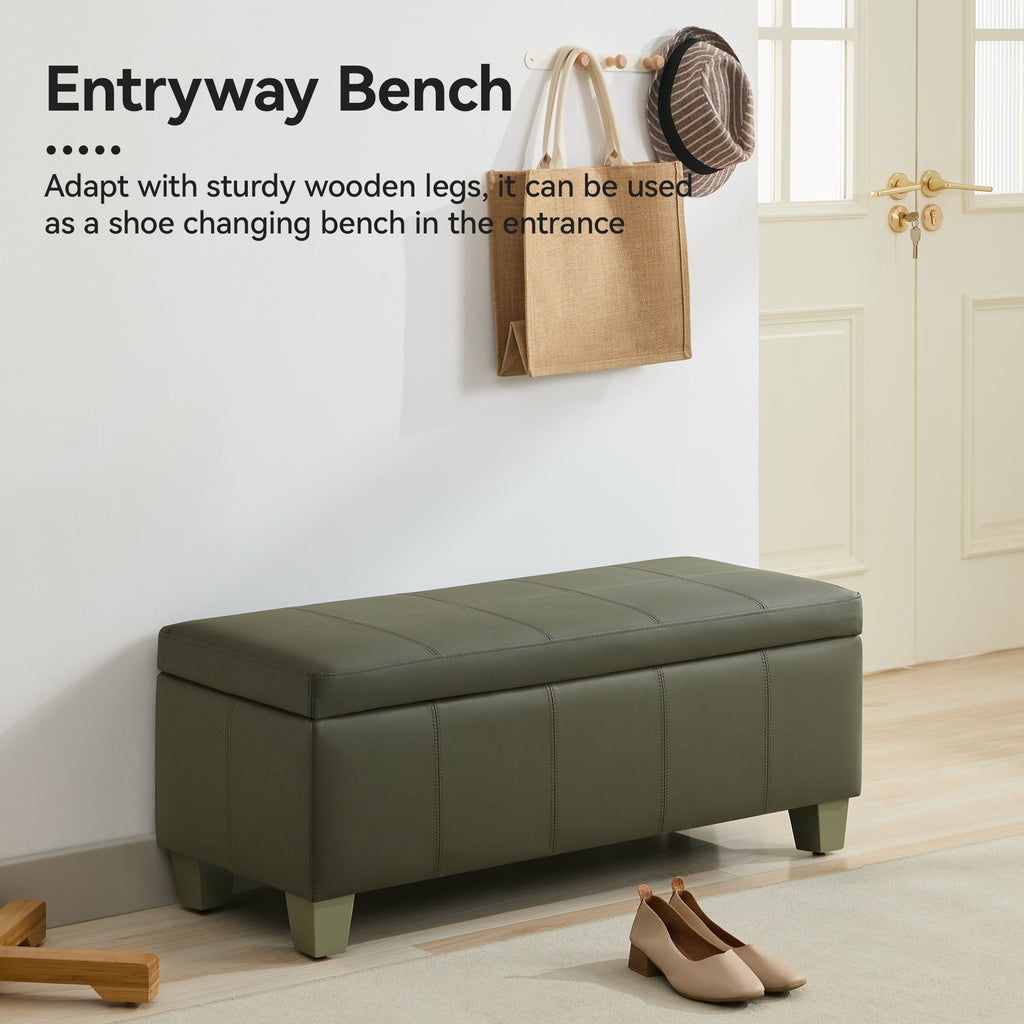 Faux Leather Storage Ottoman Bench, Rectangle Upholstered Storage Bench with Wooden Legs, Stitch Tufted Bench with Storage for Bedroom, Living Room, Entryway